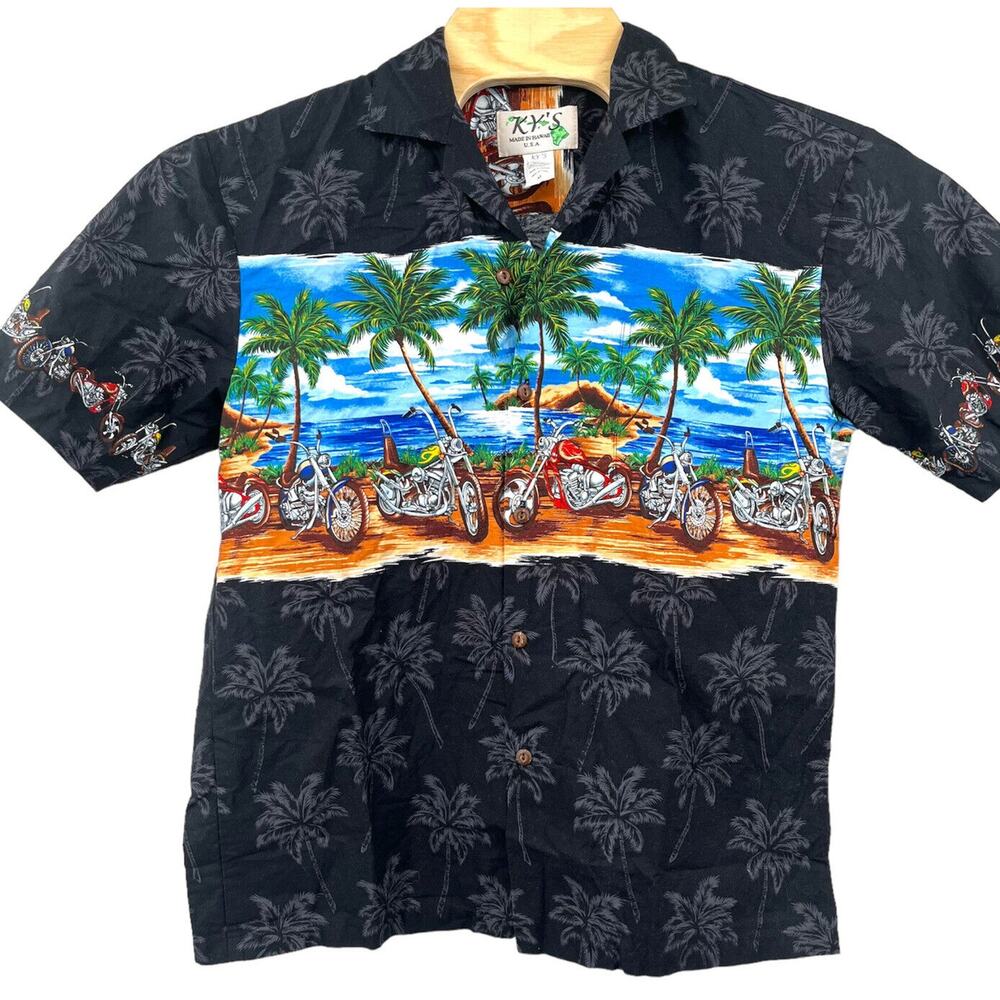 KY'S Hawaiian Shirt Mens Medium Black Hawaii Motorcycle Biker Tropical USA